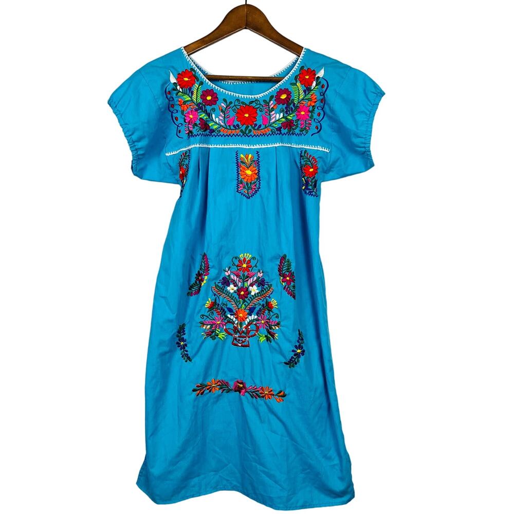Embroidered House Dress Floral Detail Scoop Neck Short Sleeve - S